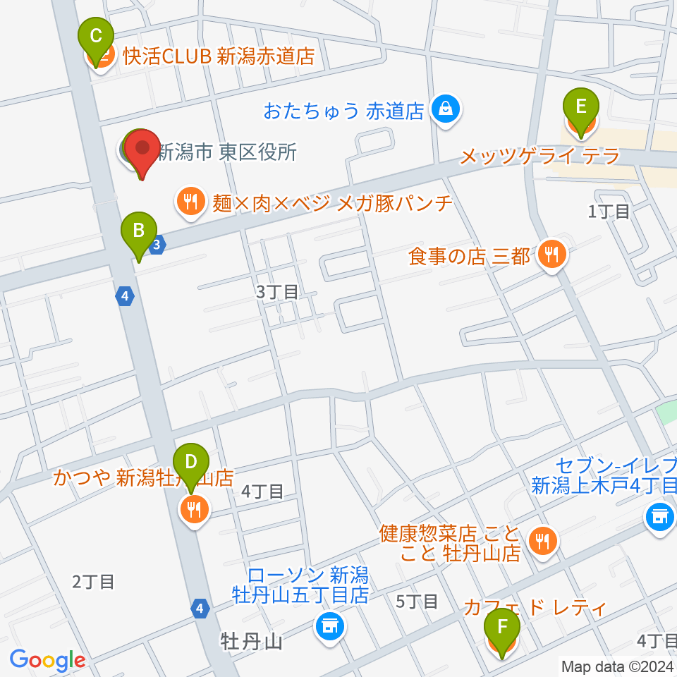 新潟市東区プラザ周辺のカフェ一覧地図