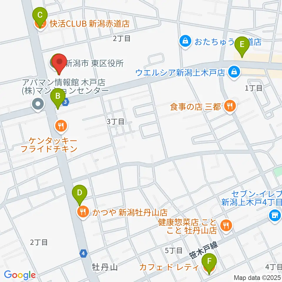 新潟市東区プラザ周辺のカフェ一覧地図