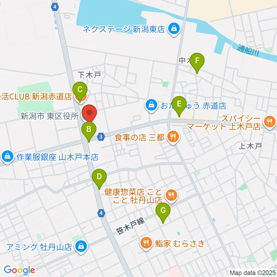 新潟市東区プラザ周辺のカフェ一覧地図