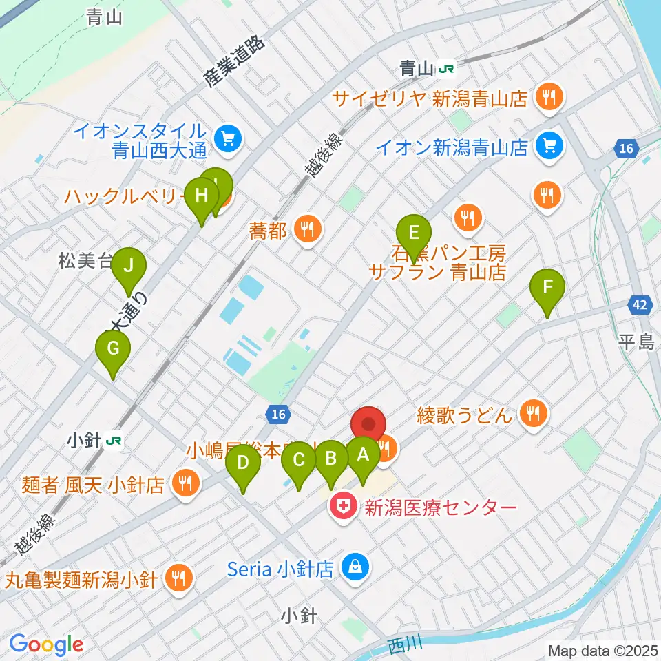 西新潟市民会館周辺のカフェ一覧地図