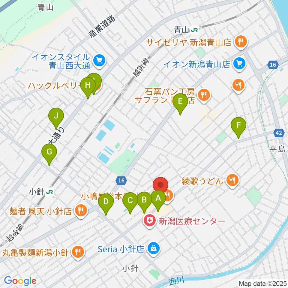西新潟市民会館周辺のカフェ一覧地図