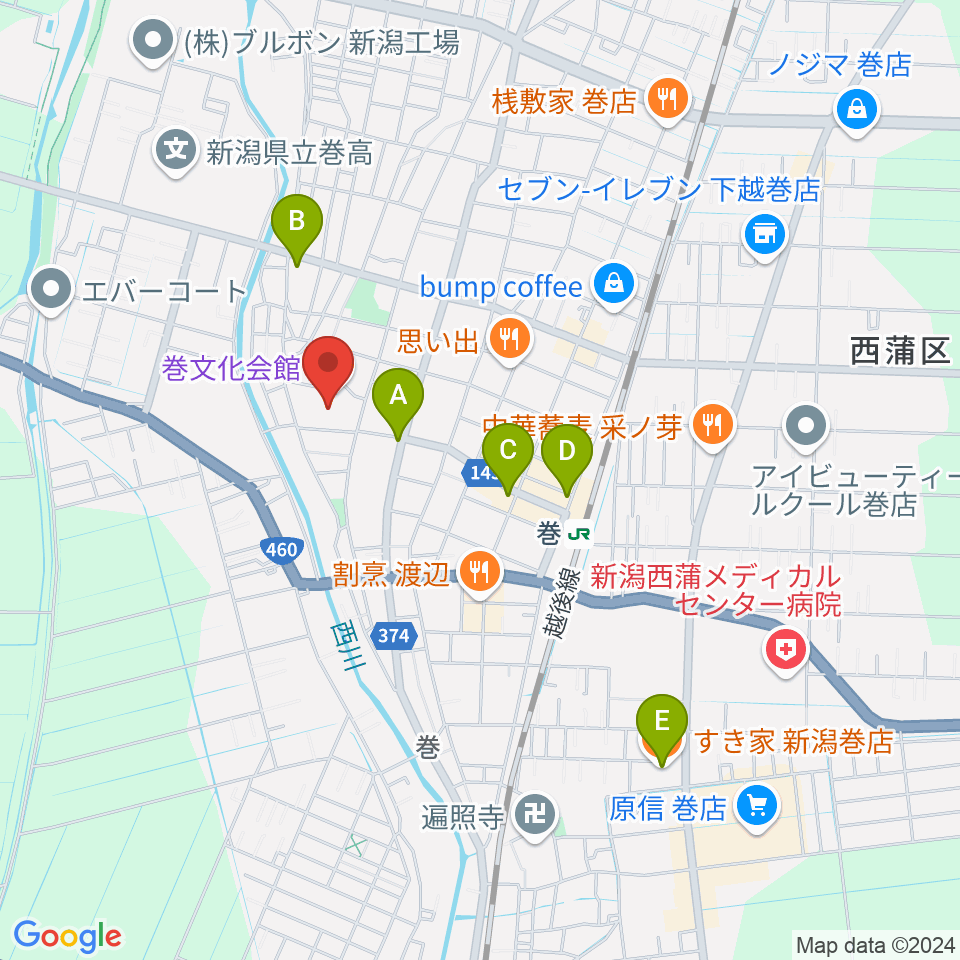 巻文化会館周辺のカフェ一覧地図