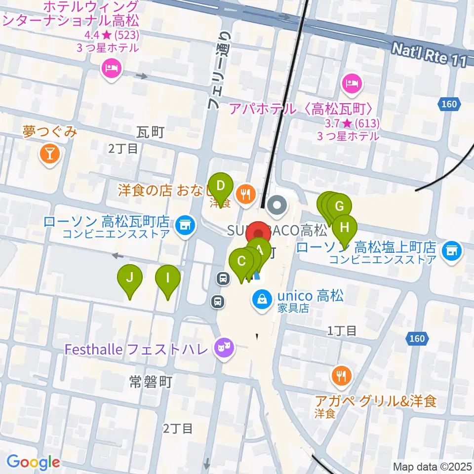 JEUGIAカルチャーセンター高松周辺のカフェ一覧地図
