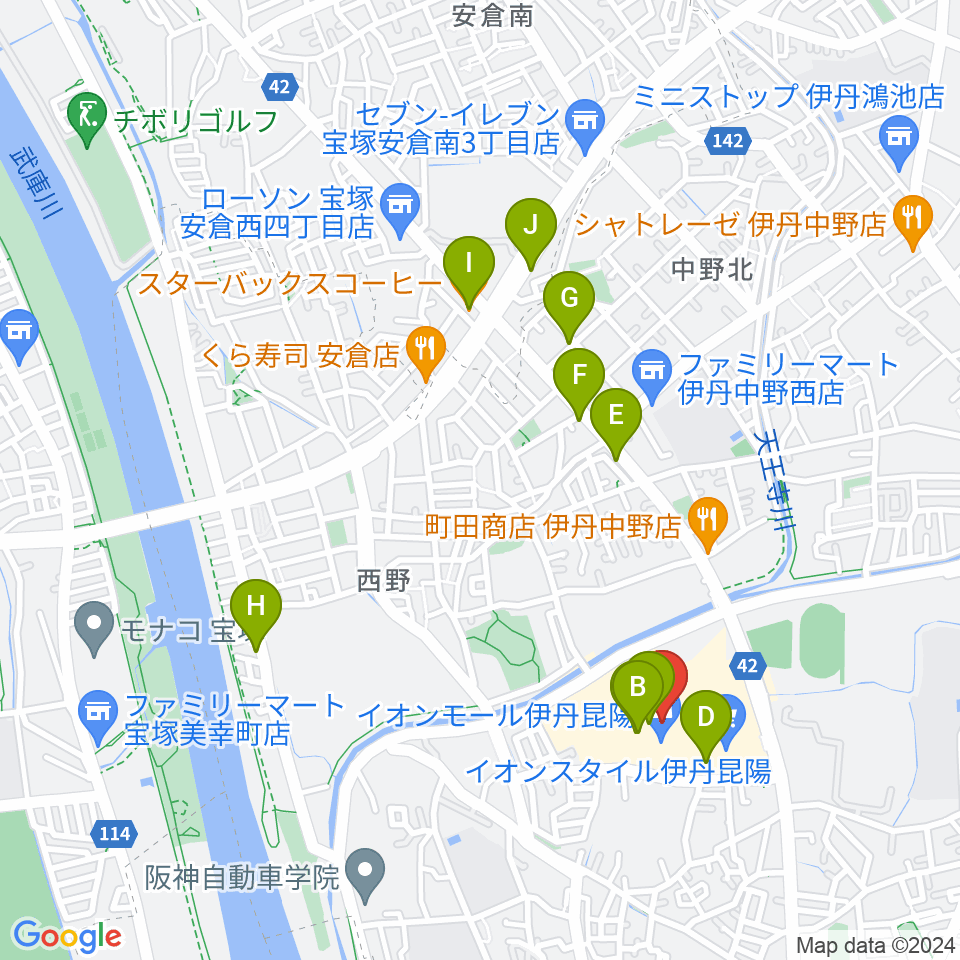 JEUGIAカルチャーセンター イオンモール伊丹昆陽周辺のカフェ一覧地図