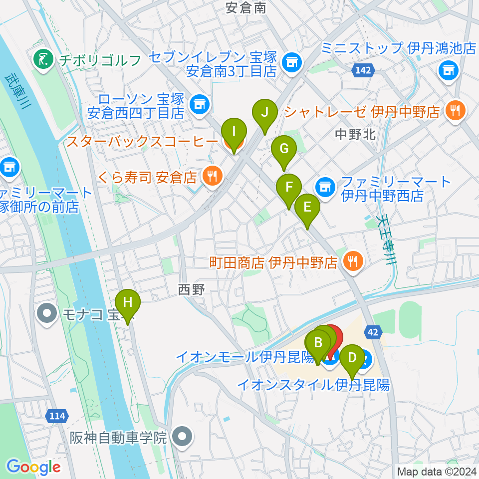 JEUGIAカルチャーセンター イオンモール伊丹昆陽周辺のカフェ一覧地図