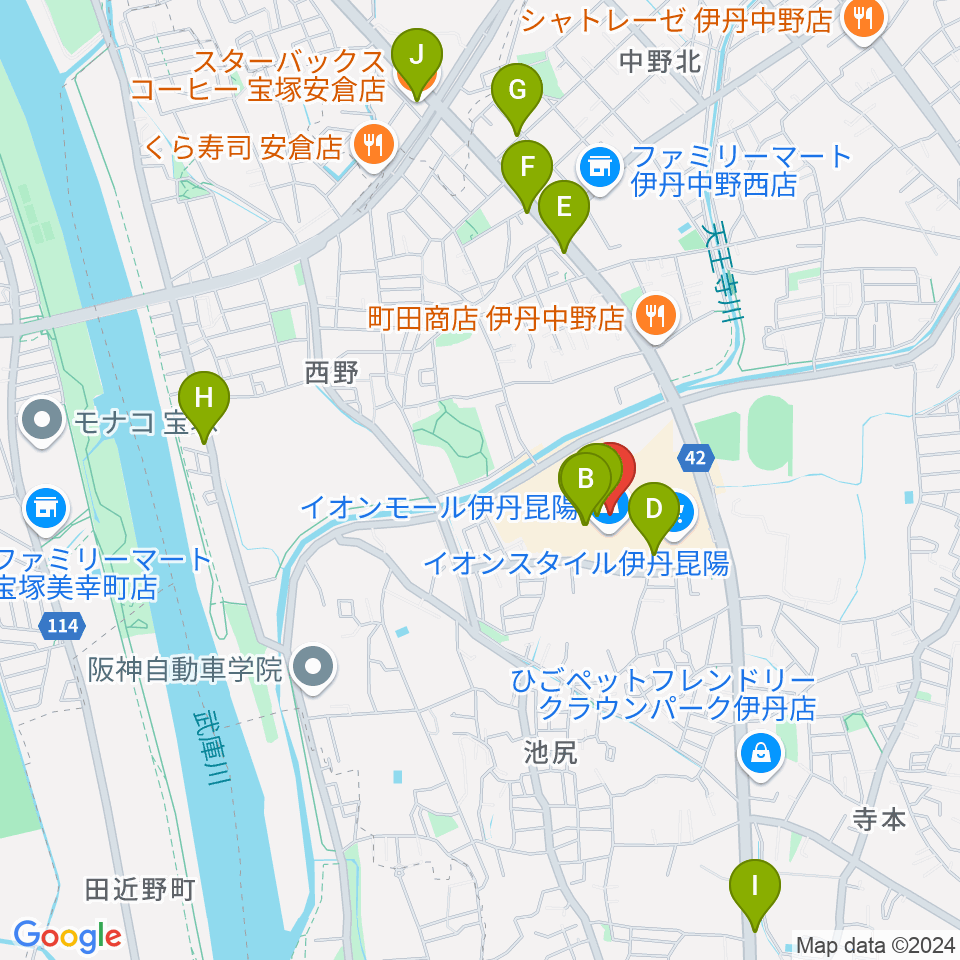 JEUGIAカルチャーセンター イオンモール伊丹昆陽周辺のカフェ一覧地図