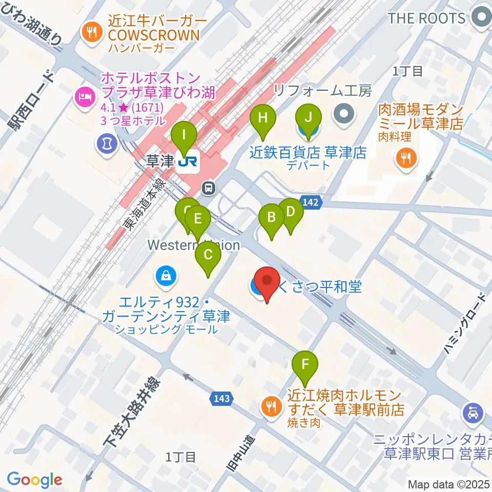 JEUGIAカルチャーセンター くさつ平和堂周辺のカフェ一覧地図