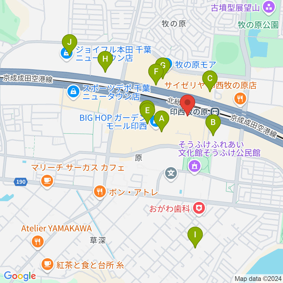 JEUGIAカルチャーセンター BIGHOP印西周辺のカフェ一覧地図