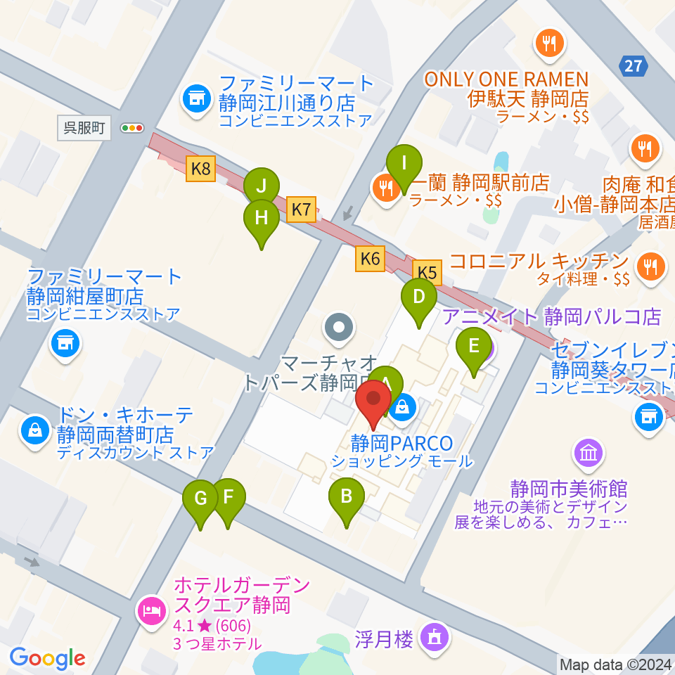 タワーレコード静岡店周辺のカフェ一覧地図