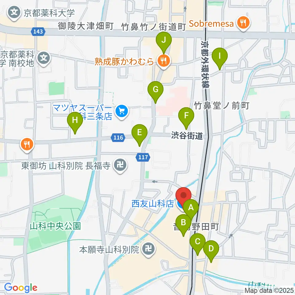 JEUGIAカルチャーセンター 西友山科周辺のカフェ一覧地図