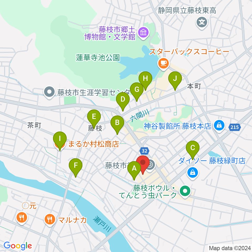 藤枝市民会館周辺のカフェ一覧地図