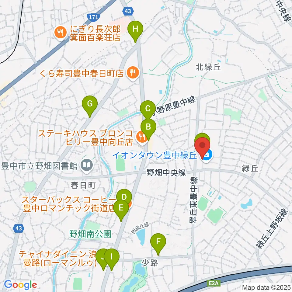 JEUGIAカルチャーセンター イオンタウン豊中緑丘周辺のカフェ一覧地図