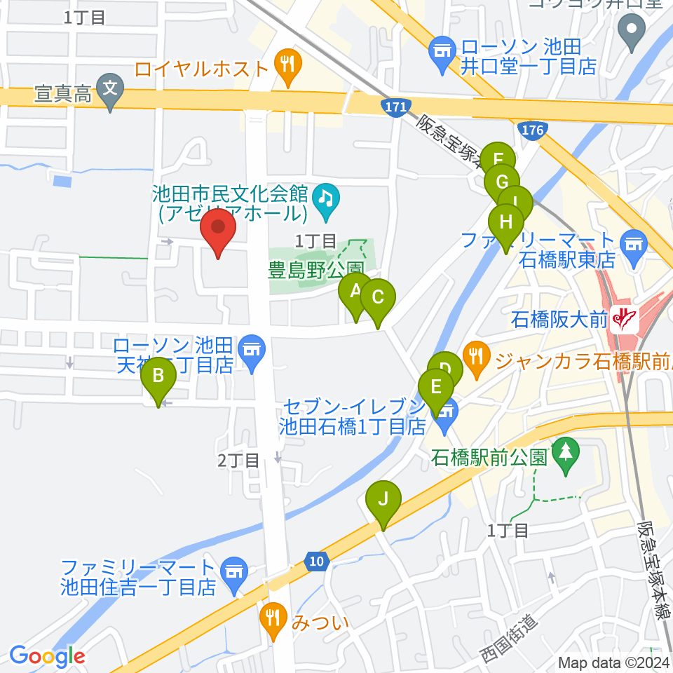 池田市立カルチャープラザ周辺のカフェ一覧地図