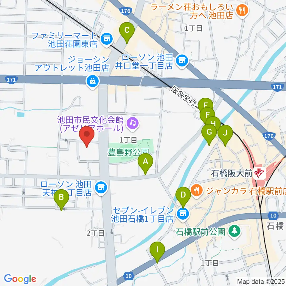 池田市立カルチャープラザ周辺のカフェ一覧地図