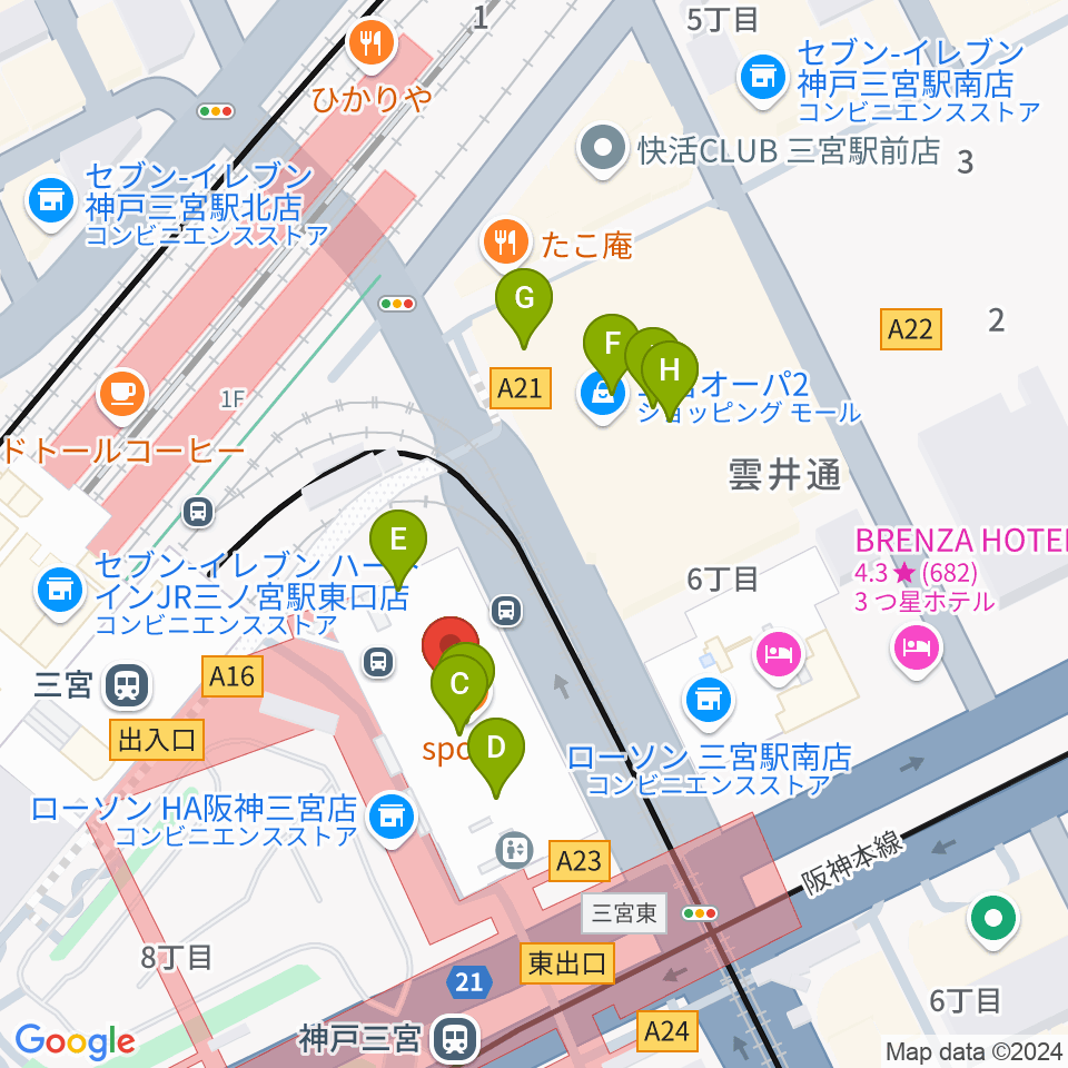 タワーレコード神戸店周辺のカフェ一覧地図