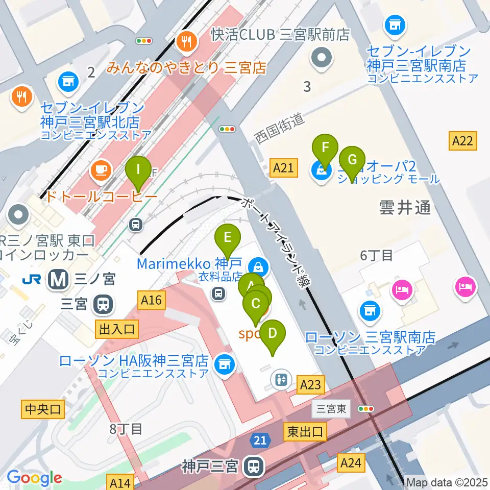 タワーレコード神戸店周辺のカフェ一覧地図