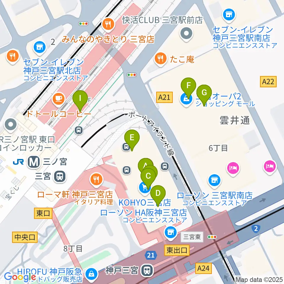 タワーレコード神戸店周辺のカフェ一覧地図