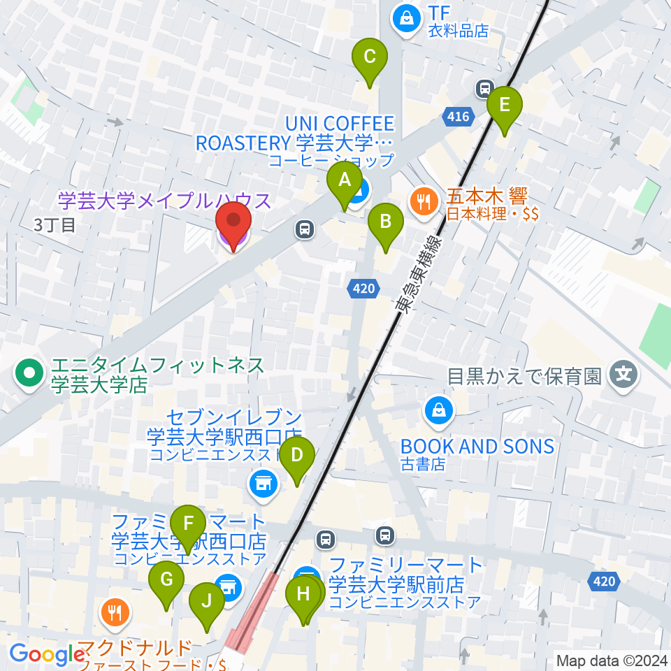 学芸大学メイプルハウス周辺のカフェ一覧地図