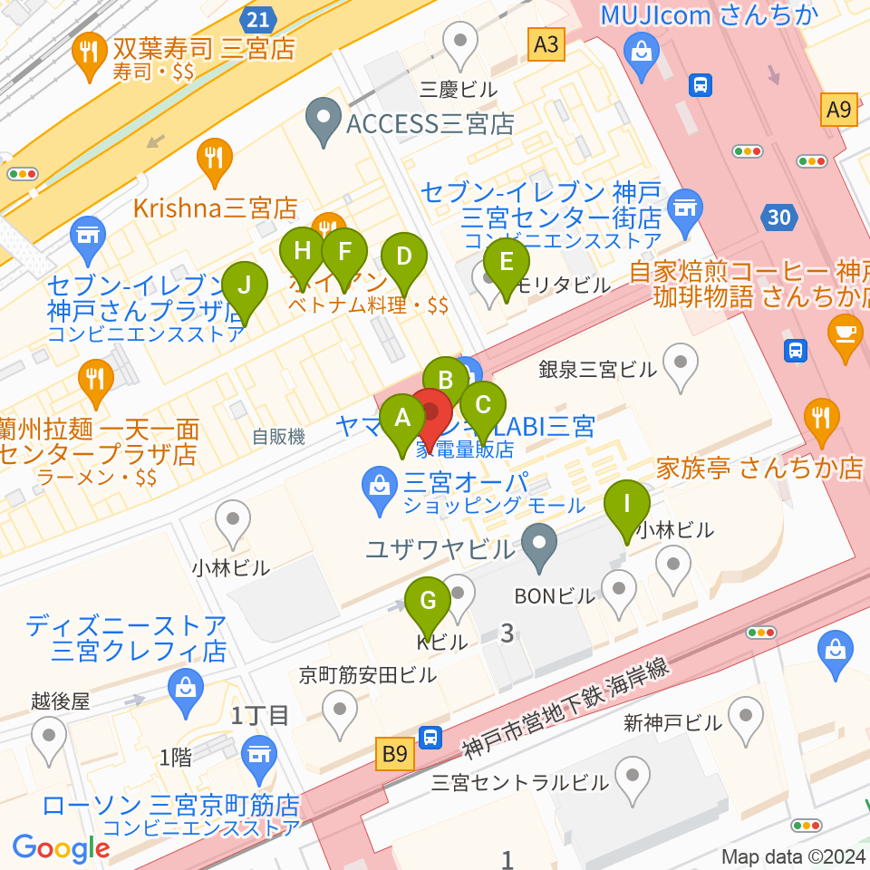 HMV三宮オーパ周辺のカフェ一覧地図