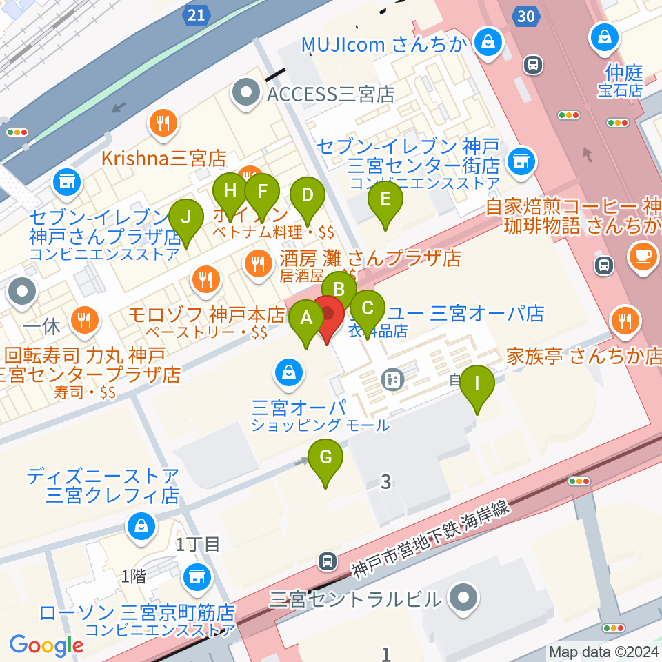 HMV三宮オーパ周辺のカフェ一覧地図