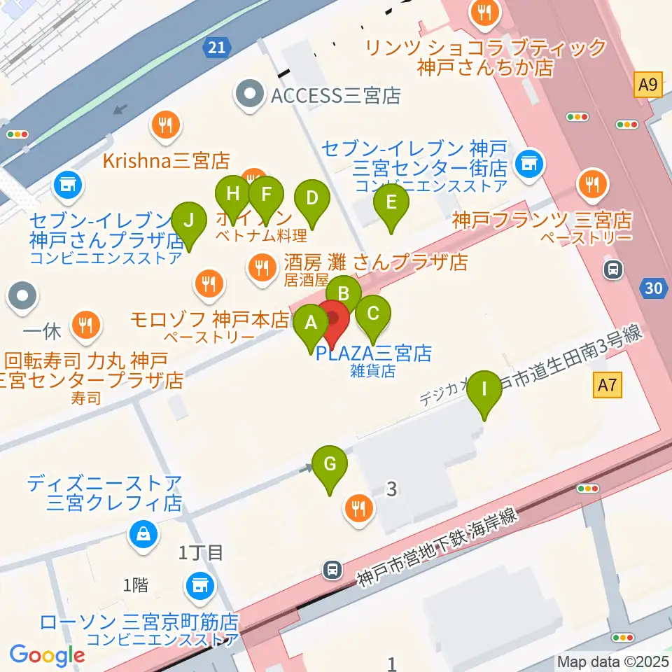 HMV三宮オーパ周辺のカフェ一覧地図