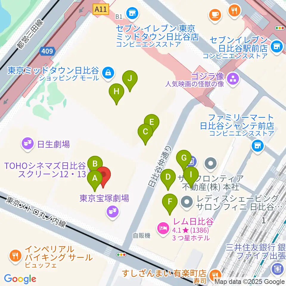 東京宝塚劇場周辺のカフェ一覧地図