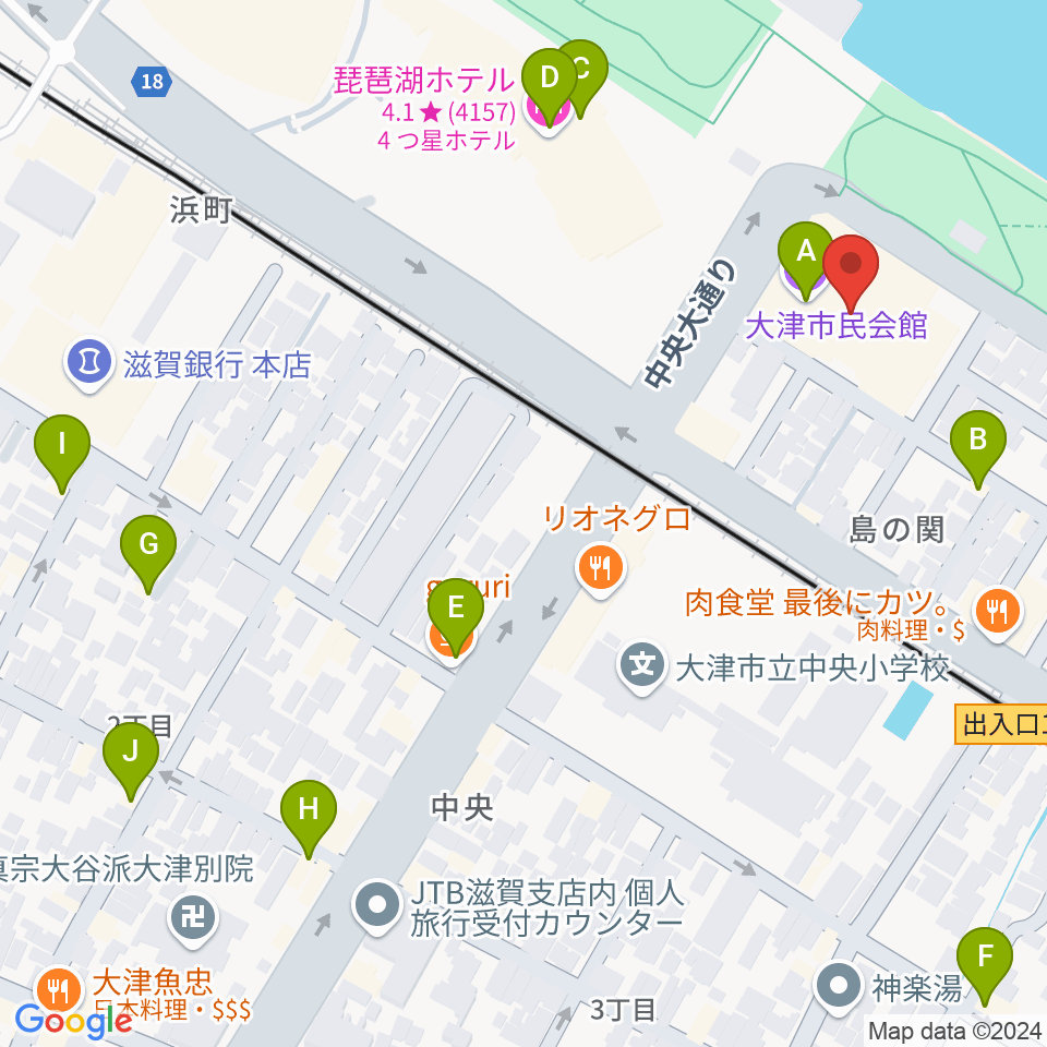 大津市民会館周辺のカフェ一覧地図