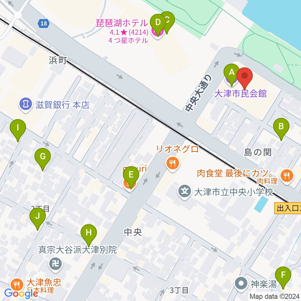 大津市民会館周辺のカフェ一覧地図