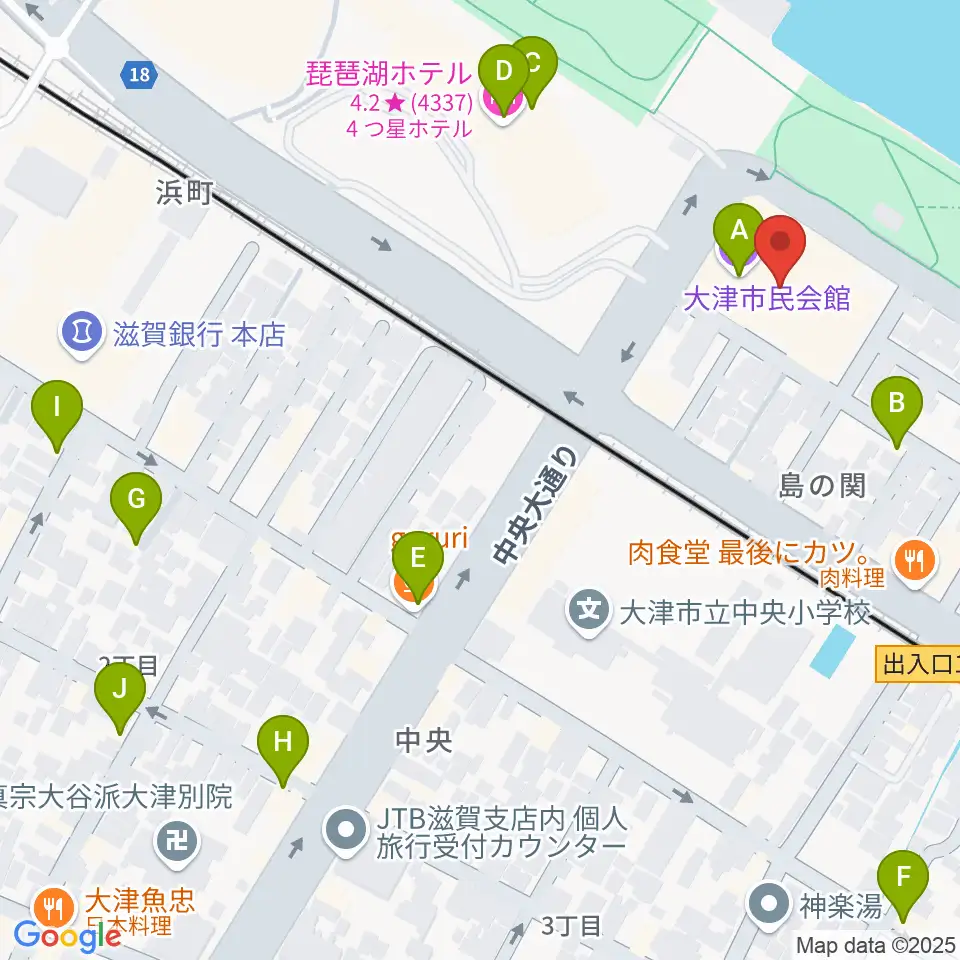 大津市民会館周辺のカフェ一覧地図