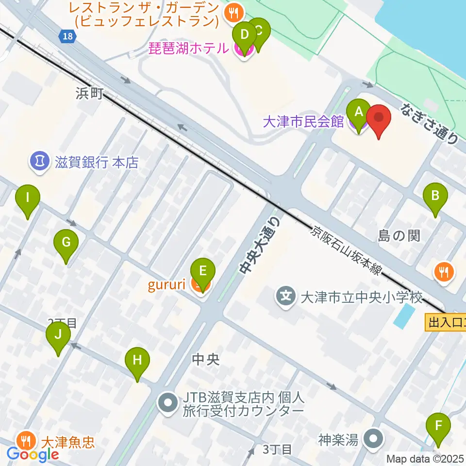 大津市民会館周辺のカフェ一覧地図
