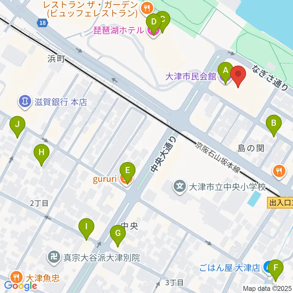 大津市民会館周辺のカフェ一覧地図