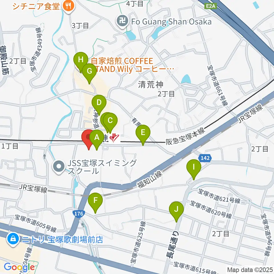 宝塚ベガ・ホール周辺のカフェ一覧地図