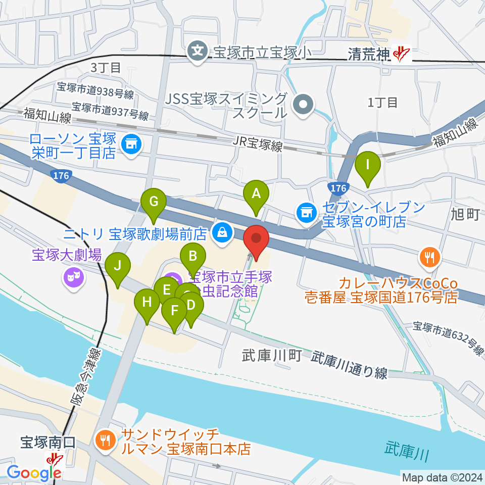 宝塚文化創造館周辺のカフェ一覧地図