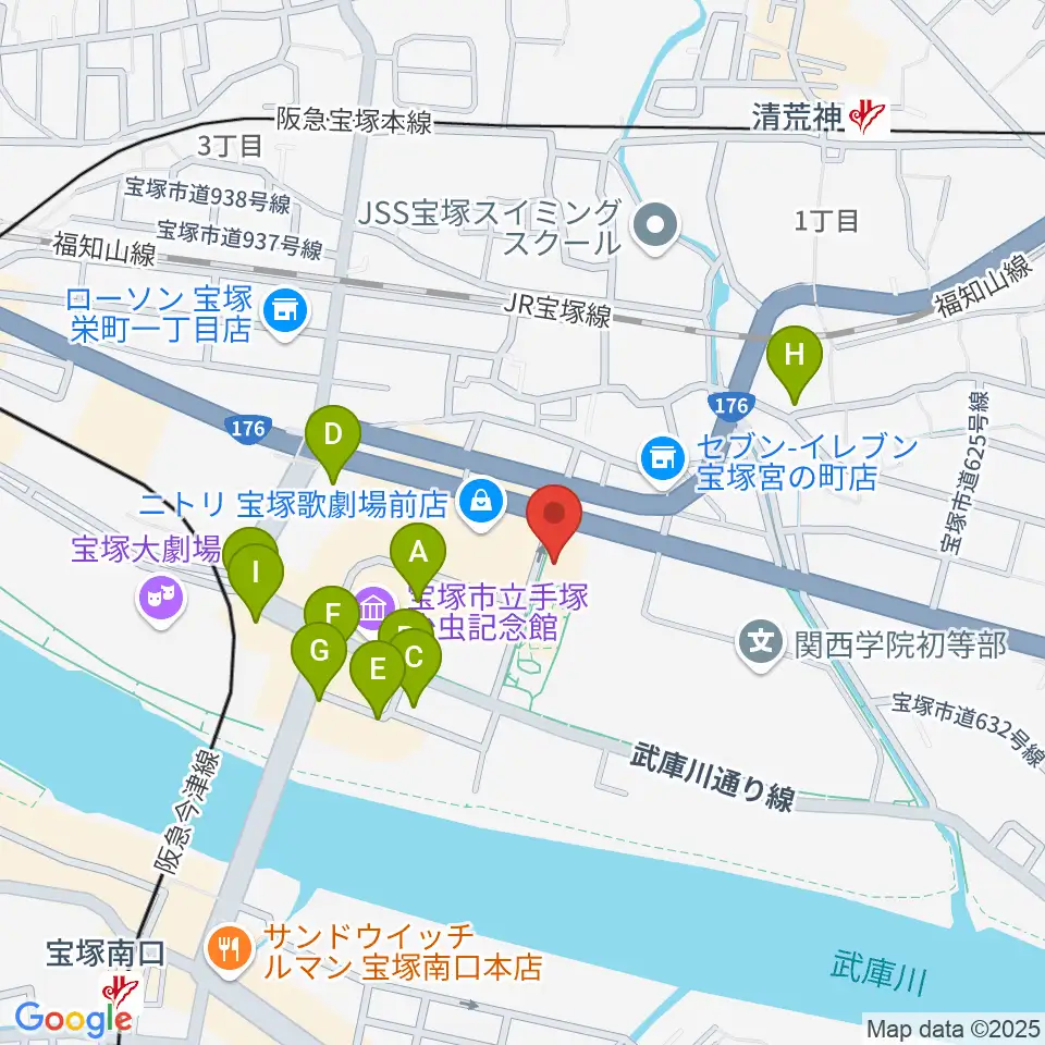 宝塚文化創造館周辺のカフェ一覧地図