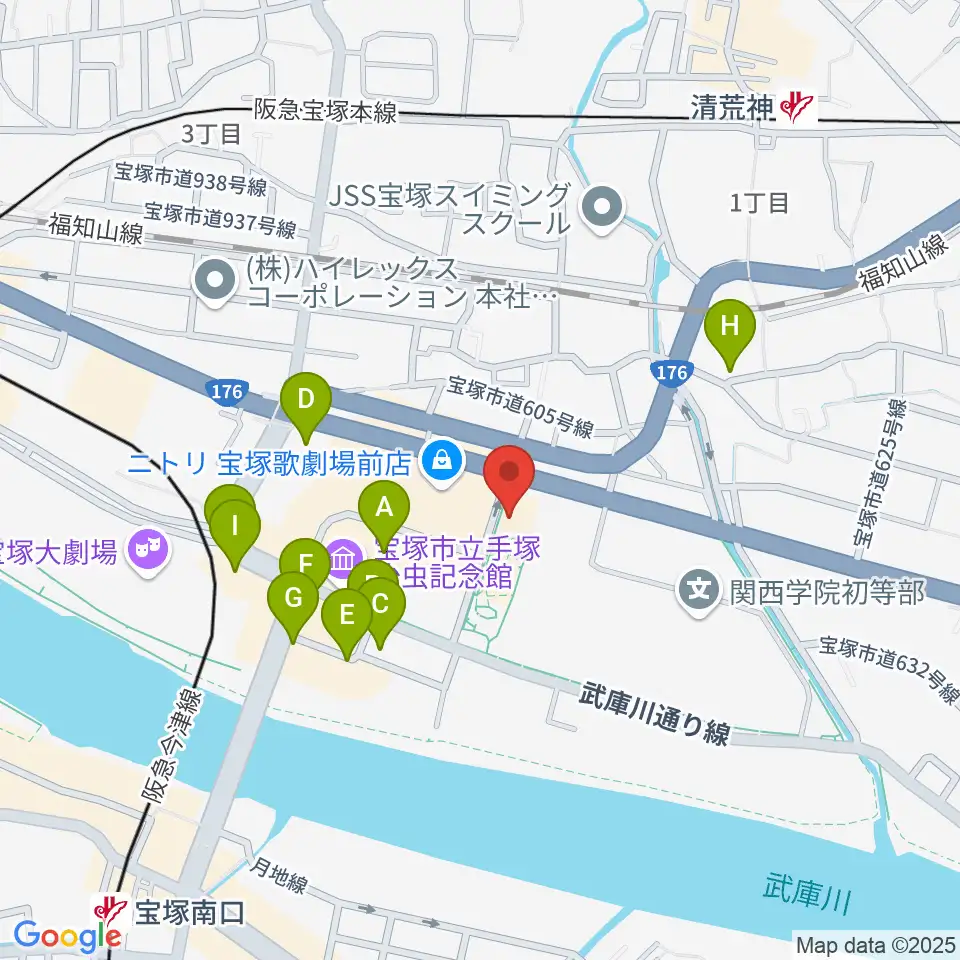 宝塚文化創造館周辺のカフェ一覧地図