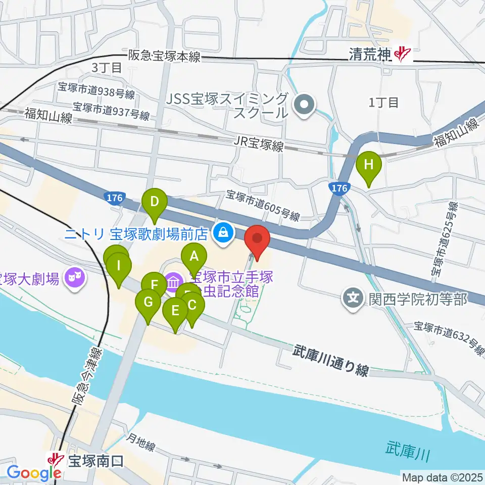 宝塚文化創造館周辺のカフェ一覧地図