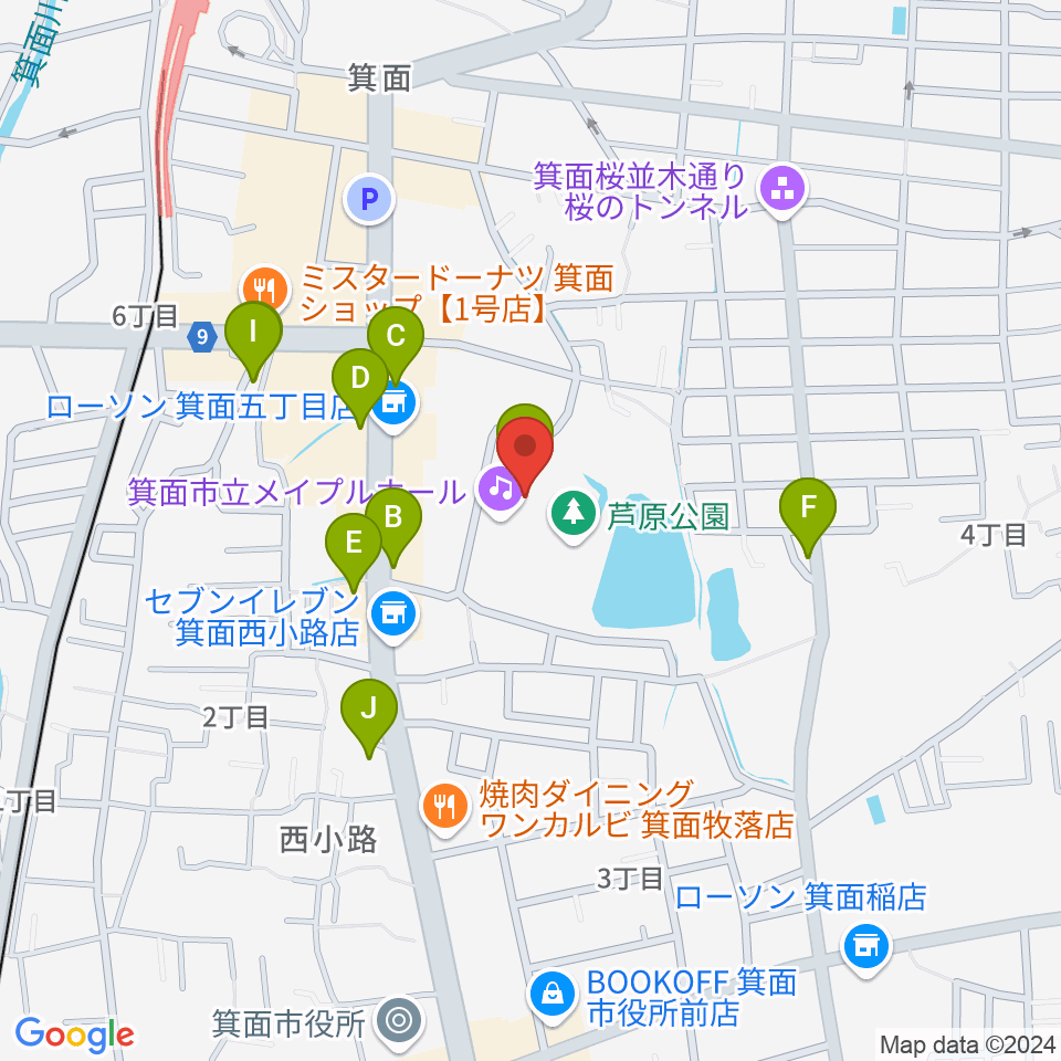 箕面市立メイプルホール周辺のカフェ一覧地図