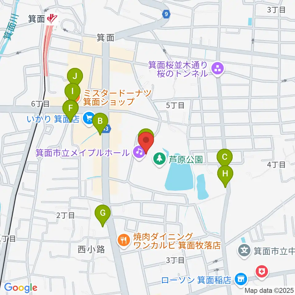 箕面市立メイプルホール周辺のカフェ一覧地図