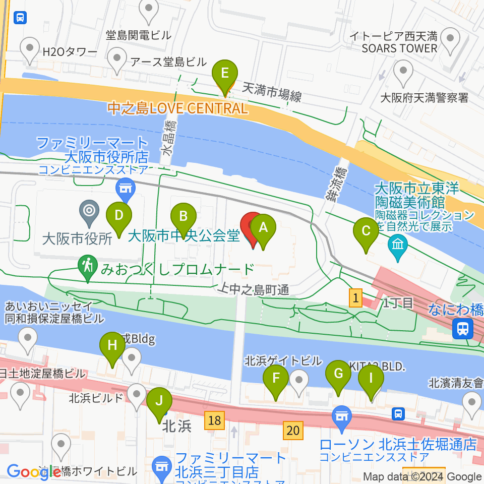 大阪市中央公会堂周辺のカフェ一覧地図