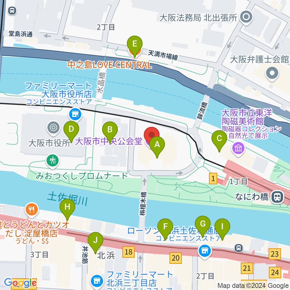 大阪市中央公会堂周辺のカフェ一覧地図