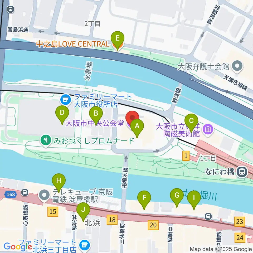 大阪市中央公会堂周辺のカフェ一覧地図