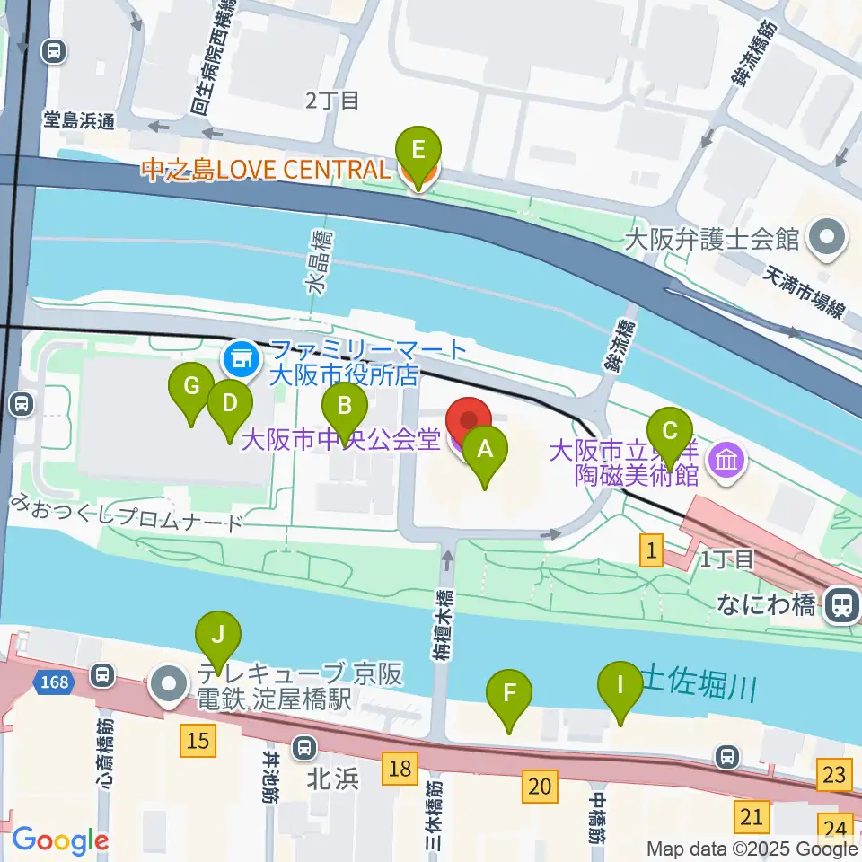 大阪市中央公会堂周辺のカフェ一覧地図