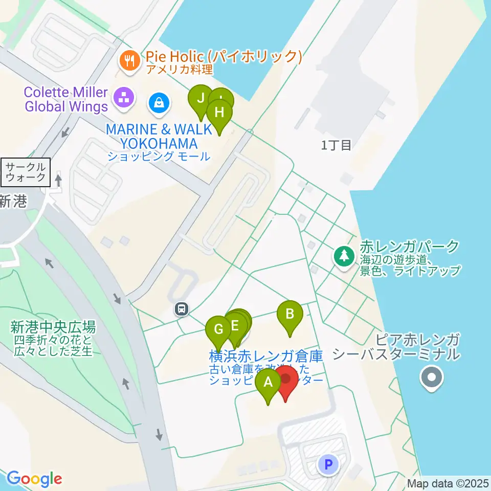 横浜赤レンガ倉庫1号館周辺のカフェ一覧地図