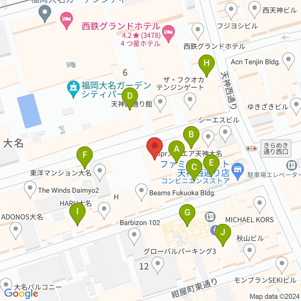 福岡天神ROOMS周辺のカフェ一覧地図