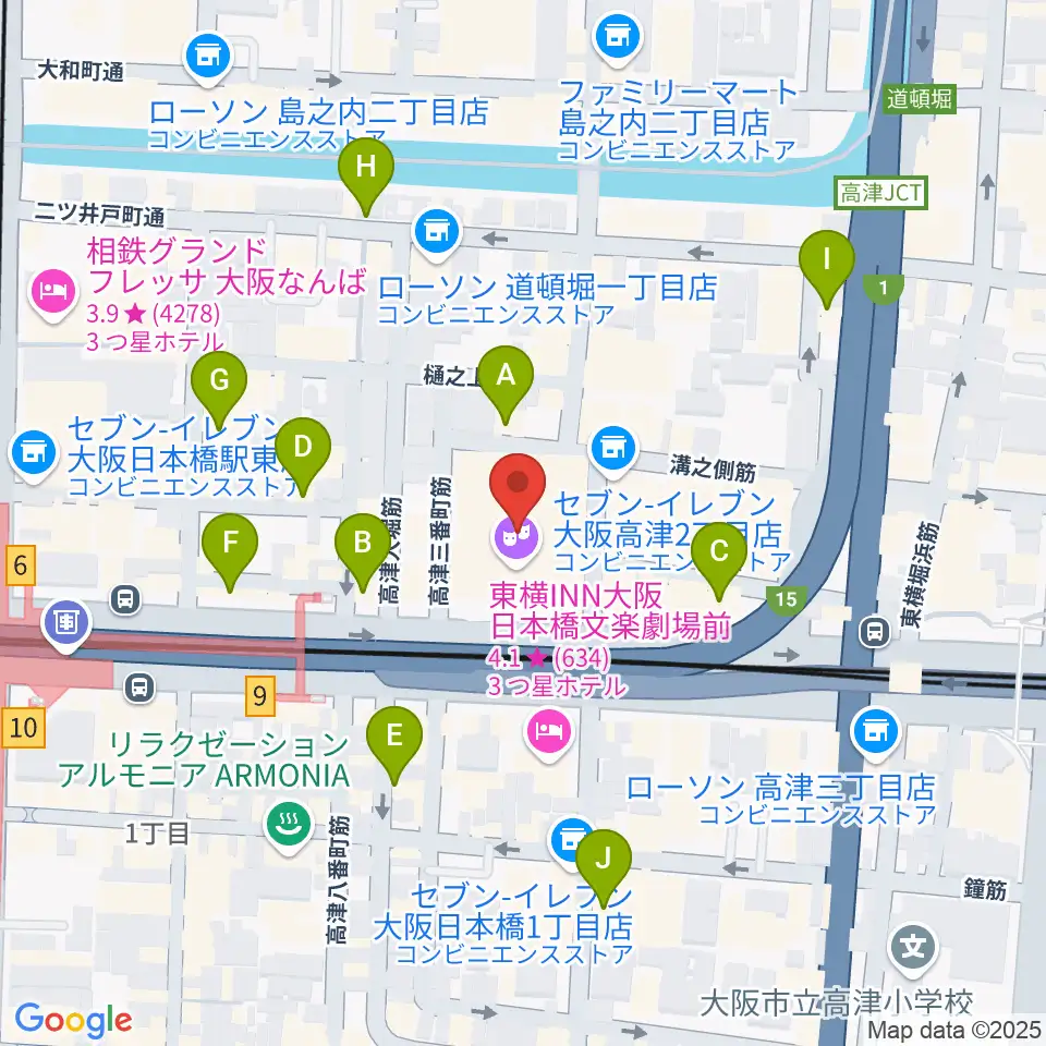 国立文楽劇場周辺のカフェ一覧地図