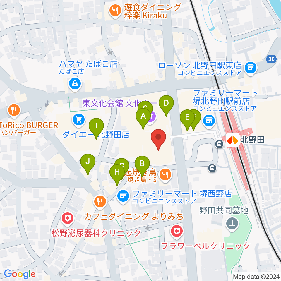 堺市立東文化会館周辺のカフェ一覧地図