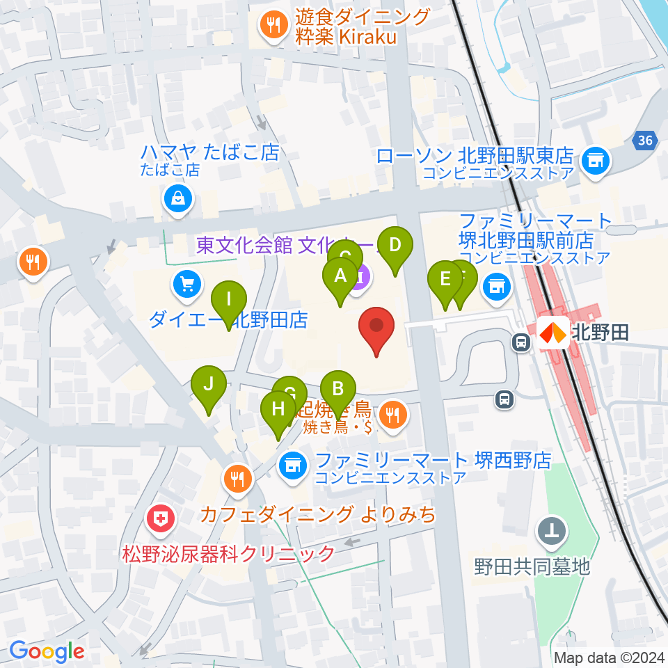 堺市立東文化会館周辺のカフェ一覧地図