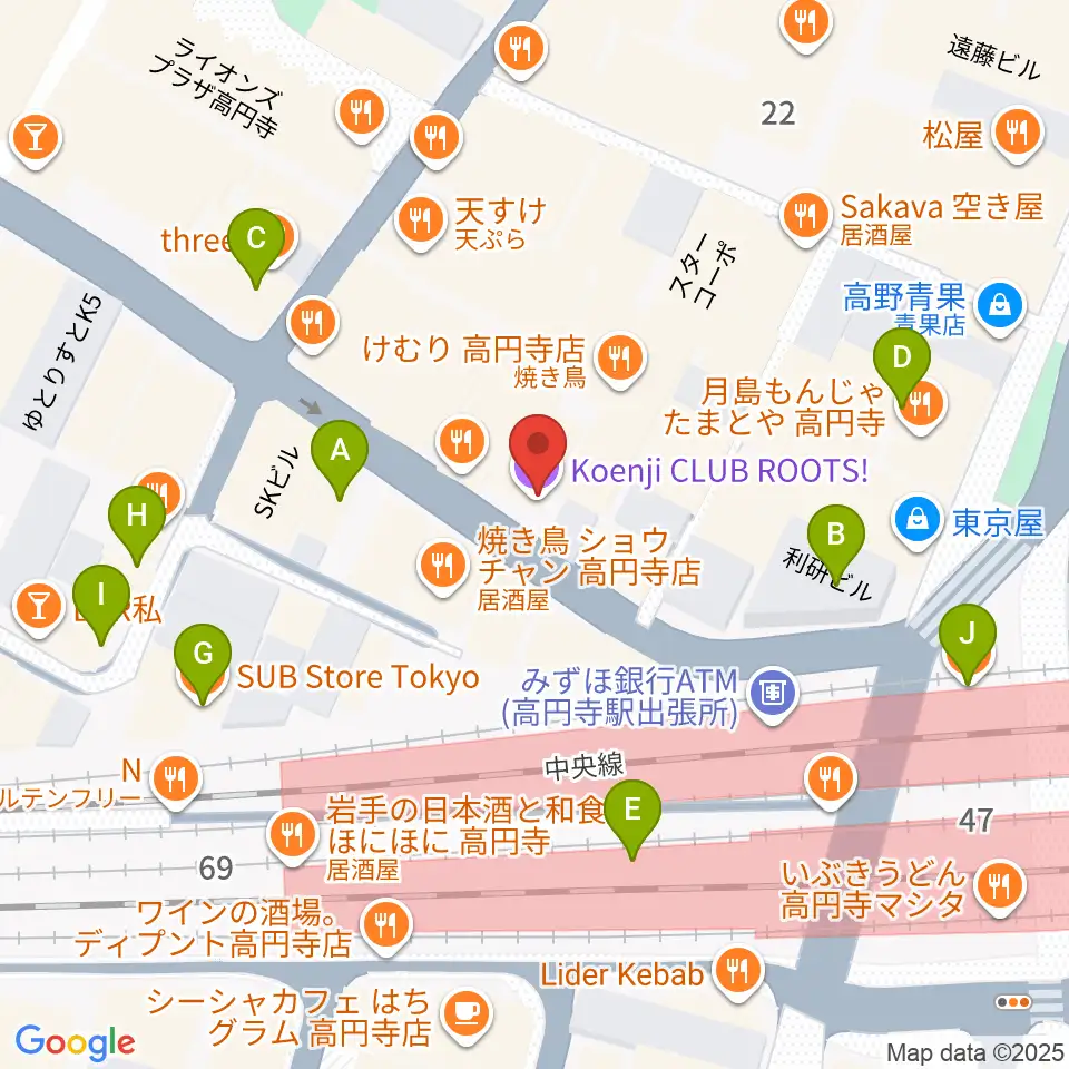高円寺Club ROOTS！周辺のカフェ一覧地図