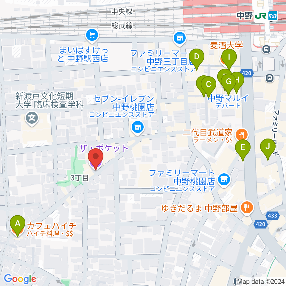 中野ザ・ポケット周辺のカフェ一覧地図