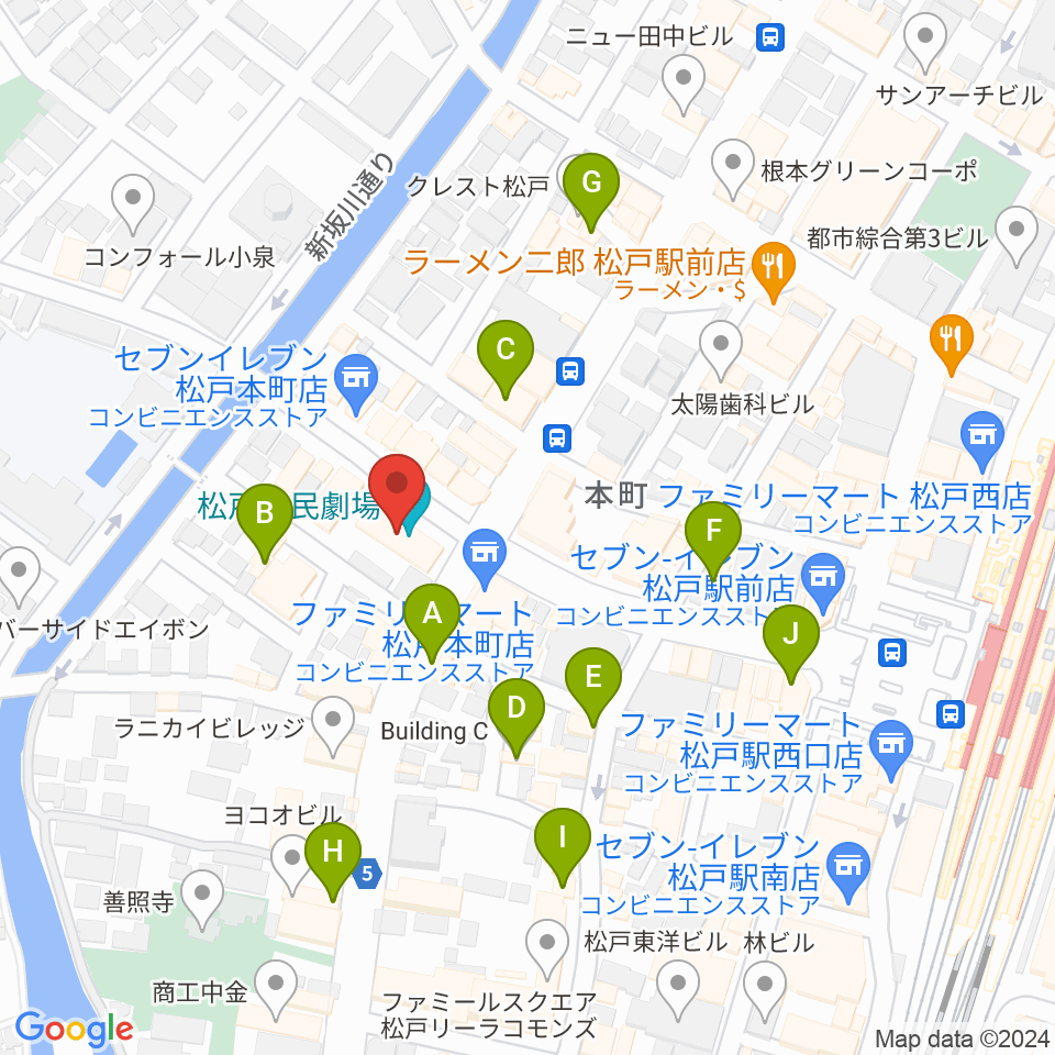 松戸市民劇場周辺のカフェ一覧地図